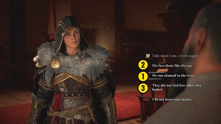 Po zebraniu wszystkich informacji wróć do Sigebealda i wypowiedz wszystkie czyny Chrystusa w odpowiedniej kolejności: chrzest, objawienie, zmartwychwstanie - Assassins Creed Valhalla: Szeryf z Wincestre/The Reeve of Wincestre - solucja - Assassins Creed Valhalla - poradnik do gry