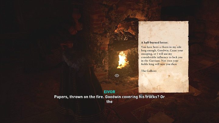 Pierwszą wskazówkę znajdziesz w kominku - spalone dokumenty, które mogą świadczyć o tym, że Goodwin chciał zatrzeć ślady lub o tym, że strażnicy chcieli zniszczyć dowody - Assassins Creed Valhalla: Szeryf z Wincestre/The Reeve of Wincestre - solucja - Assassins Creed Valhalla - poradnik do gry