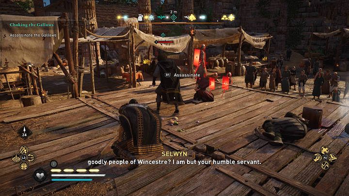 Po egzekucji, Stryczek zostanie na drewnianym podeście więc możesz zajść go od tyłu i wyeliminować przy użyciu Ukrytego Ostrza - Assassins Creed Valhalla: Odcinanie Stryczka/Choking the Gallows - solucja - Assassins Creed Valhalla - poradnik do gry