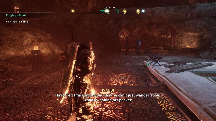 Gdy tylko wejdziesz do kuźni Ivaldiego zauważysz, że Konstruktor też przybył na rozmowę z krasnoludem z czego ten drugi wyraźnie nie jest zadowolony - Assassins Creed Valhalla: Budowanie więzi/Forging a Bond - solucja - Assassins Creed Valhalla - poradnik do gry