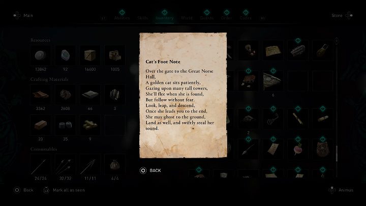Wskazówkę, gdzie szukać tego składnika znajdziesz w notatce, którą możesz odczytać z poziomu inwentarza, w sekcji przedmiotów fabularnych - Assassins Creed Valhalla: Koci krok/A Felines Foothall - solucja, opis przejścia - Assassins Creed Valhalla - poradnik do gry