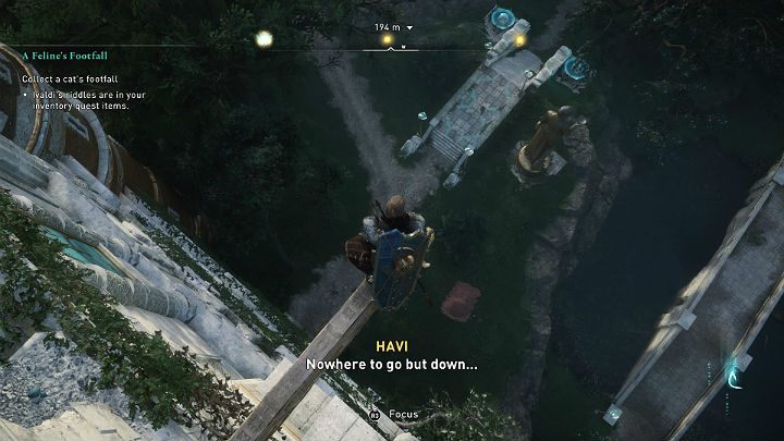 Gdy kot doprowadzi Cię na miejsce widokowe, zeskocz na dół i wyląduj w stogu siana, by zdobyć potrzebny składnik - Assassins Creed Valhalla: Koci krok/A Felines Foothall - solucja, opis przejścia - Assassins Creed Valhalla - poradnik do gry