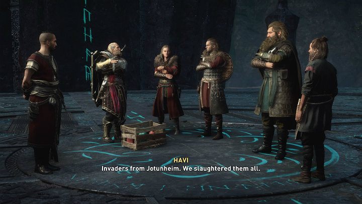 Po walce podnieś jedną ze skrzynek z farbą i zanieś ją do wieży, by można było domalować ostatni run bariery ochronnej - Assassins Creed Valhalla: Wielki finał/The Big Finish - solucja, opis przejścia - Assassins Creed Valhalla - poradnik do gry