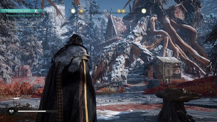 Odwróć się w stronę Drzewa Światów, a chata Widźmy nagle pojawi się na ekranie - wpleciona pomiędzy masywne korzenie - Assassins Creed Valhalla: Pani Żelaznego Lasu - solucja, opis przejścia - Assassins Creed Valhalla - poradnik do gry