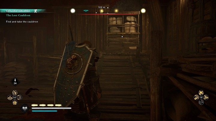 Przejdź do następnego pomieszczenia, zlikwiduj jednego przeciwnika i przesuń regał, by odsłonić przejście - Assassins Creed Valhalla: Zaginiony kocioł/The Lost Cauldron - solucja - Assassins Creed Valhalla - poradnik do gry