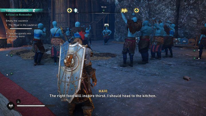 Po przemowie uczta rozpocznie się i będziesz mógł wykonać kilka pobocznych czynności, które nakłonią biesiadników do picia i opróżnienia kotła z miodem: pomówić z Jotunami, znaleźć harfę dla muzyka (zabrały je dzieci, które znajdziesz na szczycie konstrukcji z kotłem), dostać się do kuchni i wzmóc p - Assassins Creed Valhalla: Pamiętna uczta/A Feast to Remember - solucja - Assassins Creed Valhalla - poradnik do gry
