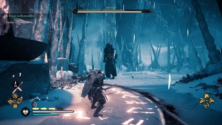 Uważaj jednak na specjalne ataki, które mogą zarzucić pole walki lodowatymi odłamkami, które potrafią dotkliwie zranić Eivora (Haviego), a do tego mocno spowolnić jego ruchy - Assassins Creed Valhalla: Pamiętna uczta/A Feast to Remember - solucja - Assassins Creed Valhalla - poradnik do gry