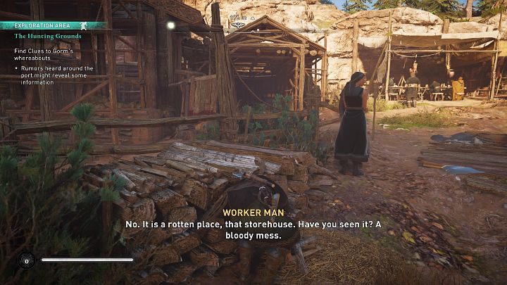 Podsłuchaj rozmowę osób pracujących w porcie, a dowiesz się, że Olav okradł Groma i został złapany na gorącym uczynku - Assassins Creed Valhalla: Tereny łowieckie/The Hunting Grounds - solucja - Assassins Creed Valhalla - poradnik do gry