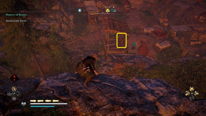 Następnie prawą stroną obejdź obozowisko i przyczaj się w miejscu widocznym na powyższym obrazku - Assassins Creed Valhalla: Łowca bestii/Hunter of Beasts - solucja - Assassins Creed Valhalla - poradnik do gry