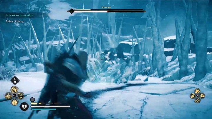 Gdy zdrowie przeciwnika spadnie poniżej 50%, boss wyrwie jeden z lodowych sopli i zamieni go w topór o bardzo dużym zasięgu ataku - Assassins Creed Valhalla: Suttungr - boss, jak pokonać? - Assassins Creed Valhalla - poradnik do gry