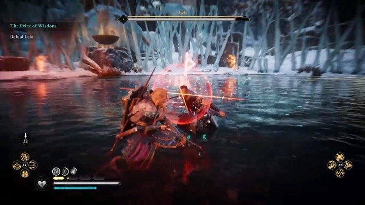 Bóg podstępu posiada w swoim asortymencie nieblokowalne ataki, które sygnalizowane są czerwonym rozbłyskiem runy - trzeba ich unikać - Assassins Creed Valhalla: Loki - boss, jak pokonać? - Assassins Creed Valhalla - poradnik do gry