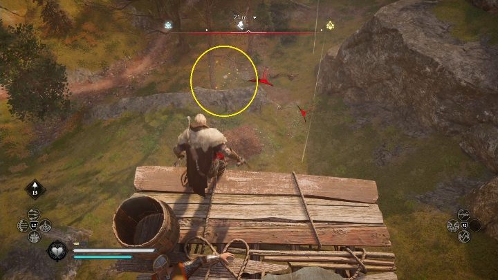 Początek: Aby rozpocząć pogoń za kartką zeskoczyć z desek i wpaść prosto w liście - Assassins Creed Valhalla: Karta niesiona wiatrem - Ledecestrescire, sekrety - Assassins Creed Valhalla - poradnik do gry