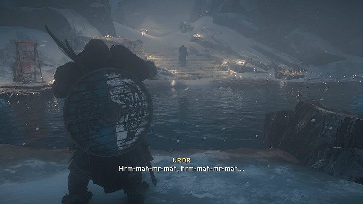 Gdy wyjdziesz na zewnątrz, pomimo trwającej zamieci dostrzeżesz Sigurda i wilka, którzy szybko oddalą się od Ciebie - podążaj w tym samym kierunku - Assassins Creed Valhalla: Pomoc wyroczni/A Seers Solace - solucja - Assassins Creed Valhalla - poradnik do gry