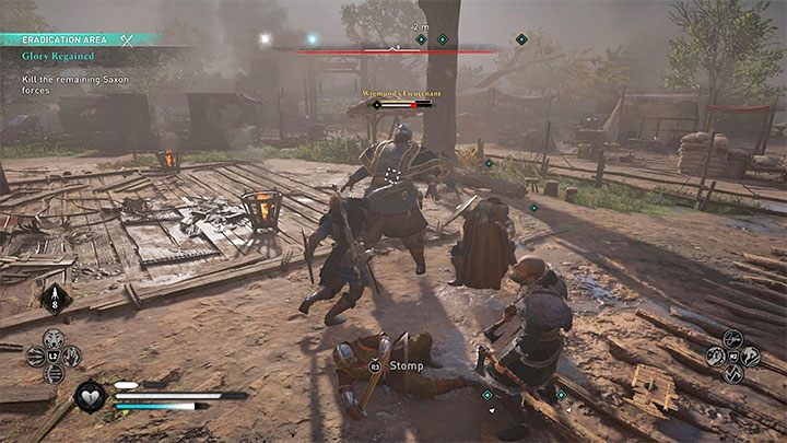 Na polu bitwy oprócz standardowych wrogów mogą też pojawiać się elitarni przeciwnicy - rozpoznasz ich po nazwach nad ich głowami i inaczej wyglądających ich paskach zdrowia - Assassins Creed Valhalla: Walka - bronie, rajdy - Assassins Creed Valhalla - poradnik do gry