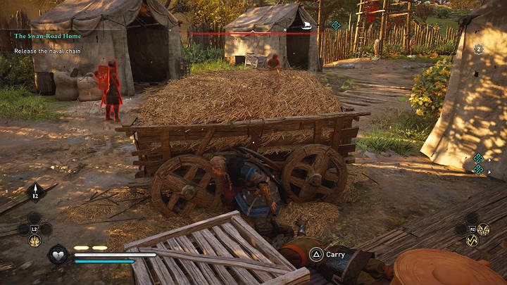 Jeśli dysponujesz umiejętnością łączonego zabójstwa możesz zajść przeciwnika po lewej stronie i zabić go przy pomocy Ukrytego ostrza, a następnie rzucić toporem w ostatniego wroga - Assassins Creed Valhalla: Szlakiem łabędzi/The Swan-Road Home - solucja - Assassins Creed Valhalla - poradnik do gry