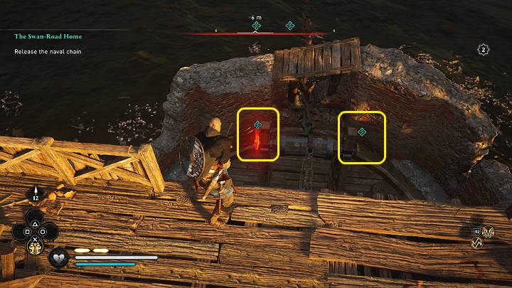 Zniszcz dwie blokady łańcucha, by umożliwić statkowi Sigurda bezpieczne przepłynięcie przez barykadę - Assassins Creed Valhalla: Szlakiem łabędzi/The Swan-Road Home - solucja - Assassins Creed Valhalla - poradnik do gry