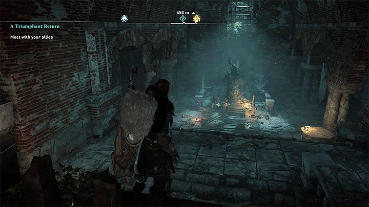 Na samym końcu lochu znajduje się posąg z powyższego obrazka, do którego trzeba wbić trofea zdobyte po pokonanych Córkach Leriona - Assassins Creed Valhalla: Trofea/osiągnięcia, lista - Assassins Creed Valhalla - poradnik do gry