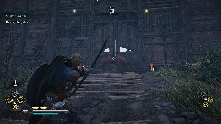 Po rozmowie wyceluj w ładunki podstawione pod bramę Grantebridge i wysadź je, by rozpocząć szturm - Assassins Creed Valhalla: Odzyskana chwała/Glory Regained - solucja - Assassins Creed Valhalla - poradnik do gry