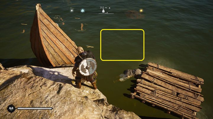 Teraz będziesz musiał wskoczyć do wody i zanurkować - miejsce w którym znajdziesz skarb zostało oznaczone na powyższym obrazku - Assassins Creed Valhalla: Władca Norseksu/The Lord of Norsexe - solucja - Assassins Creed Valhalla - poradnik do gry