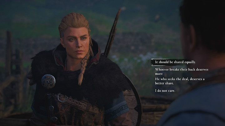 Gdy tylko wtrącisz się do rozmowy jeden z mężczyzn zapyta Cię który z nich zasługuje na większy udział w zyskach z prowadzonego przez nich interesu - Assassins Creed Valhalla: Waśń stara jak świat - solucja, opis przejścia - Assassins Creed Valhalla - poradnik do gry