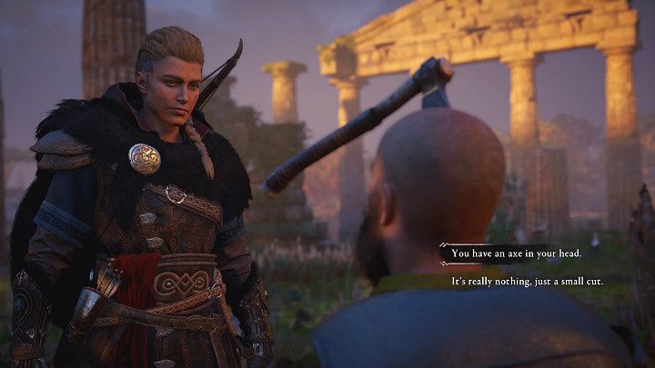 W trakcie rozmowy będziesz mógł powiedzieć mu prawdę o tym, co tak naprawdę mu się przydarzyło i że czeka go podróż do Wahali lub nieco zbagatelizować sprawę - Assassins Creed Valhalla: Lekarstwo na ból głowy - solucja, opis przejścia - Assassins Creed Valhalla - poradnik do gry