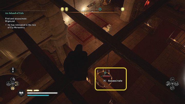 Wigmund nie stoi w jednym miejscu lecz przechadza się po wnętrzu budynku - Assassins Creed Valhalla Wyspa Ely/An Island of Eels - solucja, opis przejścia - Assassins Creed Valhalla - poradnik do gry