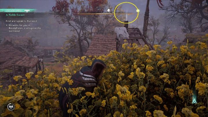 Początek: Kartka znajduje się na drewnianym słupie, koło łąki z żółtymi kwiatami - Assassins Creed Valhalla: Karta niesiona wiatrem - Lincolnscire, sekrety - Assassins Creed Valhalla - poradnik do gry