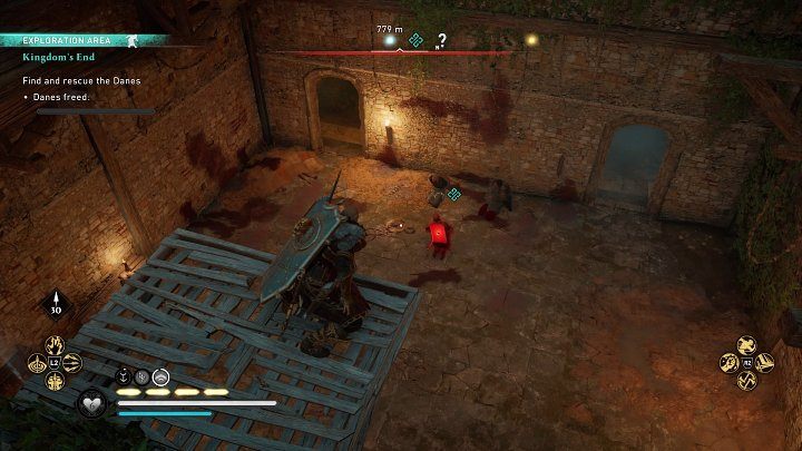 Podejdź do miejsca widocznego na powyższym obrazku, pozbądź się straży i uwolnij zakładników - tych zamkniętych w celi również - Assassins Creed Valhalla: Upadek królestwa/Kingdoms End - solucja - Assassins Creed Valhalla - poradnik do gry