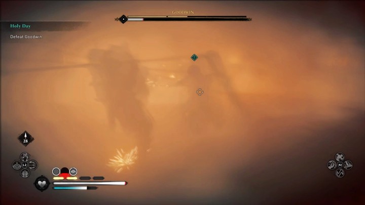 Gdy zdrowie przeciwnika spadnie do niskiego poziomu, skorzysta on z umiejętności Hellfire, która przysłoni nieco Twoją widoczność, jednak nie na tyle, byś nie mógł kontynuować walki - Assassins Creed Valhalla: Dzień święty/Holy Day - solucja, opis przejścia - Assassins Creed Valhalla - poradnik do gry
