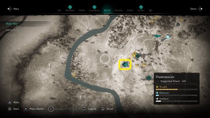 Hunwalda musisz przenieść do chaty, która znajduje się w miejscu oznaczonym na powyższym obrazku - Assassins Creed Valhalla: Dzień święty/Holy Day - solucja, opis przejścia - Assassins Creed Valhalla - poradnik do gry