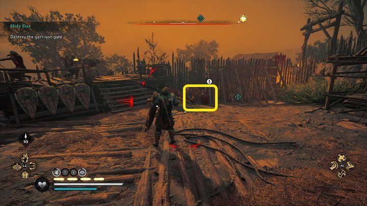 Do wnętrza garnizonu możesz dostać się przez dziurę w palisadzie (po lewej stronie patrząc w stronę bramy) lub wdrapując się na pobliskie skały - Assassins Creed Valhalla: Dzień święty/Holy Day - solucja, opis przejścia - Assassins Creed Valhalla - poradnik do gry