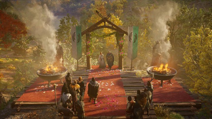 Obejrzysz w tym momencie dłuższy przerywnik filmowy, w którym Gunnar bierze ślub z Brigid - Assassins Creed Valhalla: Kuźnia i płomień/The Forge and the Flame - solucja - Assassins Creed Valhalla - poradnik do gry