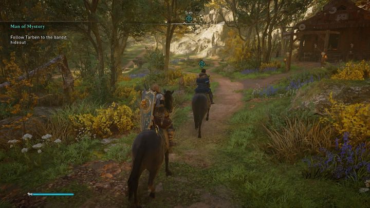 Wyjdź za Tarbenem na zewnątrz i pomów z nim, a następnie jedź za nim do miejsca, w którym spotkacie się jego byłą bandą - Assassins Creed Valhalla: Tajemniczy nieznajomy/Man of Mystery - solucja - Assassins Creed Valhalla - poradnik do gry