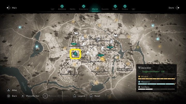 Venta Belgarum Assassin Bureau znajdziesz na obszarze Wincestre, w miejscu zaznaczonym na powyższym obrazku - Assassins Creed Valhalla: Krótka historia ukrytych - solucja, opis przejścia - Assassins Creed Valhalla - poradnik do gry