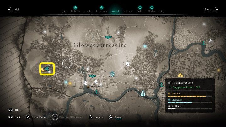 Temple of Ceres Assassin Bureagu znajdziesz na obszarze Glowecestrescire, w miejscu zaznaczonym na powyższym obrazku - Assassins Creed Valhalla: Krótka historia ukrytych - solucja, opis przejścia - Assassins Creed Valhalla - poradnik do gry