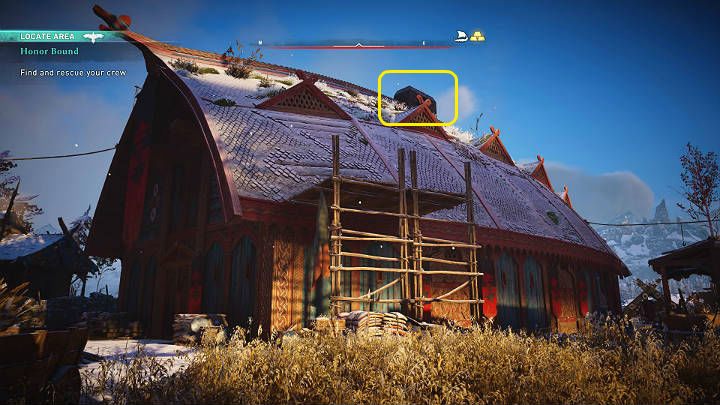Wykorzystaj ten moment, by wskoczyć na rusztowanie i przekraść się do przejścia na samej górze, którym dostaniesz się do środka - Assassins Creed Valhalla: Więzy Krwi/Honor Bound - solucja, opis przejścia - Assassins Creed Valhalla - poradnik do gry