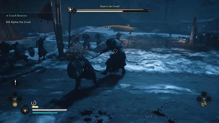 Kiedy po zamachu topory Kjotvego zaczną zostawiać za sobą pomarańczową smugę to znak, że za chwilę wykona on kolejny atak specjalny - Assassins Creed Valhalla: Okrutny los/A Cruel Destiny - solucja, opis przejścia - Assassins Creed Valhalla - poradnik do gry