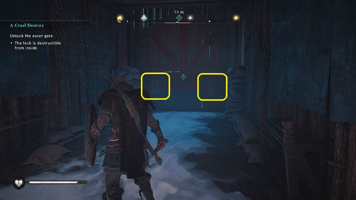 Zeskocz na sam dół i wejdź do tunelu, a następnie rozbij mocowania belki (po obydwu stronach), która blokuje bramę - Assassins Creed Valhalla: Okrutny los/A Cruel Destiny - solucja, opis przejścia - Assassins Creed Valhalla - poradnik do gry