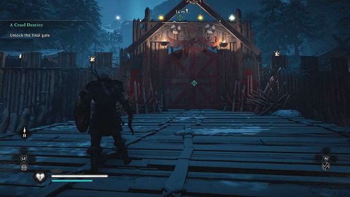 Następnie wdrap się na palisadę, by przeskoczyć na drugą stronę bramy - Assassins Creed Valhalla: Okrutny los/A Cruel Destiny - solucja, opis przejścia - Assassins Creed Valhalla - poradnik do gry