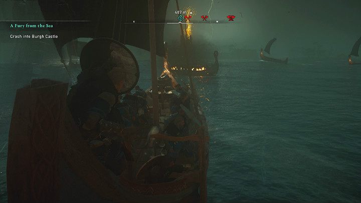 Gdy tylko wojsko Eivora zacznie płynąć w stronę fortecy ich pozycja zostanie odkryta, a łucznicy stacjonujący w twierdzy zaczną zasypywać nadciągające jednostki gradem strzał - Assassins Creed Valhalla: Gniew morza/A Fury from the Sea - solucja - Assassins Creed Valhalla - poradnik do gry