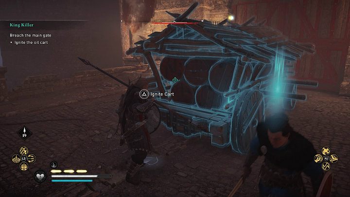 Gdy wóz będzie już na miejscu musisz go podpalić i zdetonować ładunki - podejdź do ładunków i użyj przycisku wykonania akcji - Assassins Creed Valhalla: Zabójca Królów/King Killer - solucja, opis przejścia - Assassins Creed Valhalla - poradnik do gry