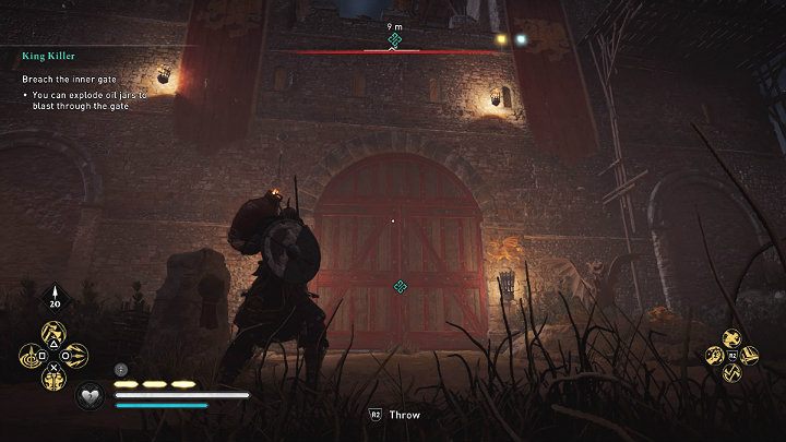 Podłóż pod wewnętrzną bramę dzban z oliwą i wysadź go lub rzuć nimi bezpośrednio w przeszkodę, by zrobić przejście dla swoich wojsk - Assassins Creed Valhalla: Zabójca Królów/King Killer - solucja, opis przejścia - Assassins Creed Valhalla - poradnik do gry