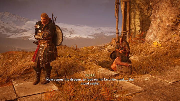 Gdy będziesz na miejscu ułóż mężczyznę na ziemi i obejrzyj kolejny przerywnik filmowy w którym Ivarr pokaże Eivorowi narodziny Krwawego Orła - Assassins Creed Valhalla: Zabójca Królów/King Killer - solucja, opis przejścia - Assassins Creed Valhalla - poradnik do gry