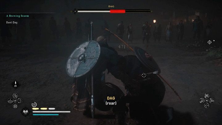 Ogłuszenie otwiera możliwość wyprowadzenia bardzo mocnego ataku, który uszczupli pasek zdrowia Daga o około 1/5 - Assassins Creed Valhalla: Czarne chmury/A Brewing Storm - solucja - Assassins Creed Valhalla - poradnik do gry