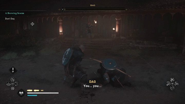 Unikaj ciosów przeciwnika lub wykonuj bloki i wykorzystuj każdą okazję do kontry lub trzymaj przeciwnika na dystans i strzelaj do niego z łuku, jeśli preferujesz taki styl walki - Assassins Creed Valhalla: Czarne chmury/A Brewing Storm - solucja - Assassins Creed Valhalla - poradnik do gry