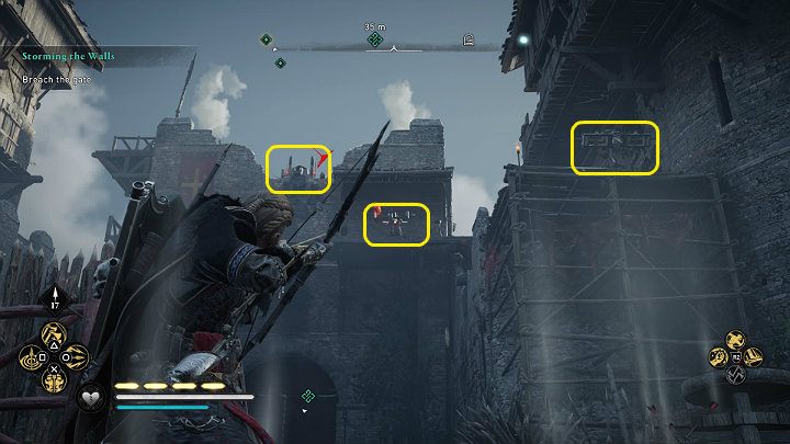 Zanim dotrzesz do głównej bramy trzeba uporać się z mniejszymi drewnianymi palisadami, które zostały rozstawione na drodze - Assassins Creed Valhalla: Szturm na mury/Storming the Walls - solucja - Assassins Creed Valhalla - poradnik do gry