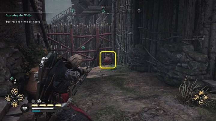 Po wejściu na teren fortecy skręć w lewo, zlikwiduj kilku strażników i strzel w dzban z oliwą, by zniszczyć palisadę - Assassins Creed Valhalla: Szturm na mury/Storming the Walls - solucja - Assassins Creed Valhalla - poradnik do gry