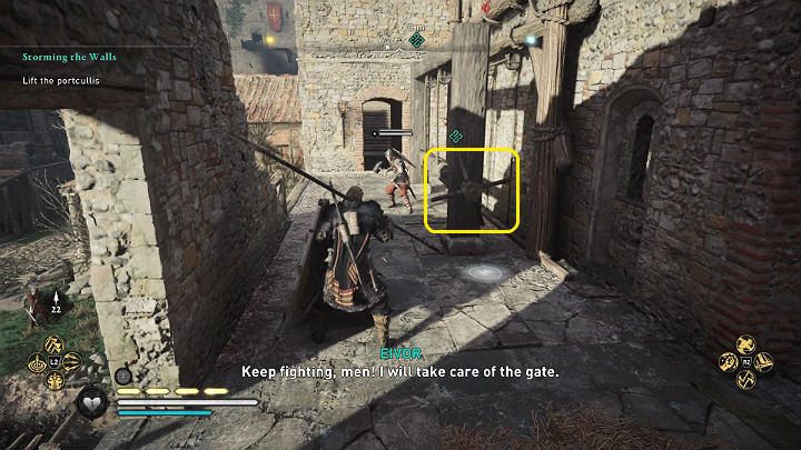 Wdrap się na mury i wyeliminuj strażników pilnujących mechanizmu służącego do podnoszenia kraty - Assassins Creed Valhalla: Szturm na mury/Storming the Walls - solucja - Assassins Creed Valhalla - poradnik do gry