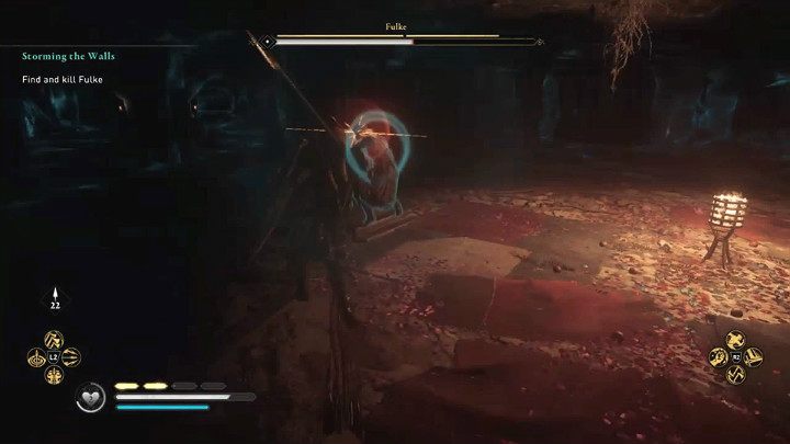 Fulke dysponuje nieblokowalnymi atakami, które wyprowadza w biegu i sygnalizowane są one czerwonym rozbłyskiem runy - tych bezwzględnie trzeba unikać - Assassins Creed Valhalla: Szturm na mury/Storming the Walls - solucja - Assassins Creed Valhalla - poradnik do gry