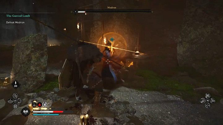 Zdecydowana większość dodatkowych ataków Modron sygnalizowana jest żółtym rozbłyskiem runy - te można blokować lub parować - Assassins Creed Valhalla: Jak jagnię na rzeź/The Gutted Lamb - solucja - Assassins Creed Valhalla - poradnik do gry